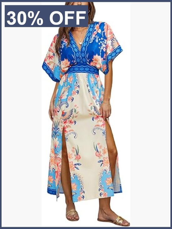 Dresses & Skirts - Women's Floral Maxi Dress V-Neck Short Sleeve Smocked Side Slit Pocket